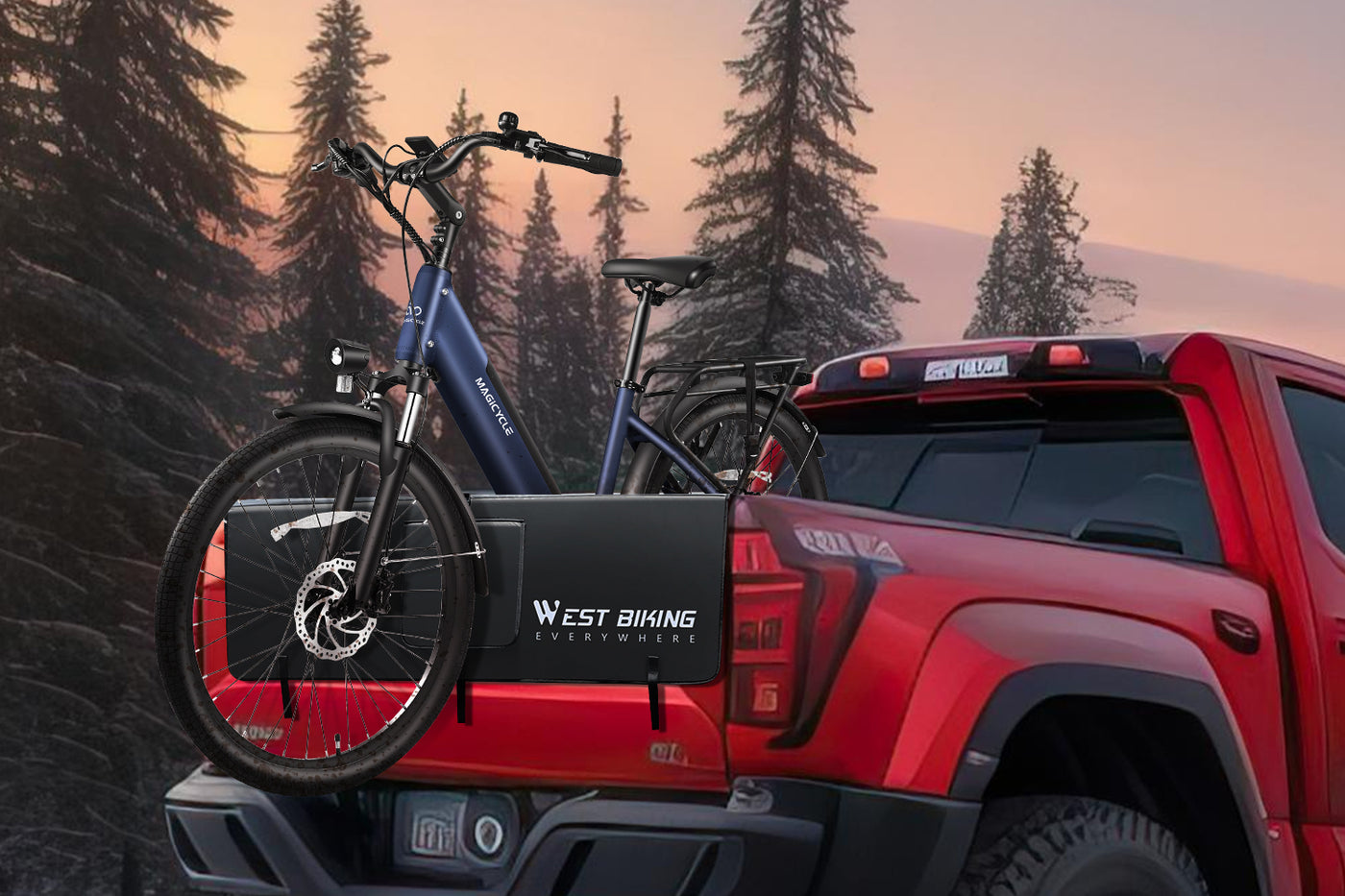 Electric bike on WestBiking tailgate pad in red truck, set against a forest backdrop.