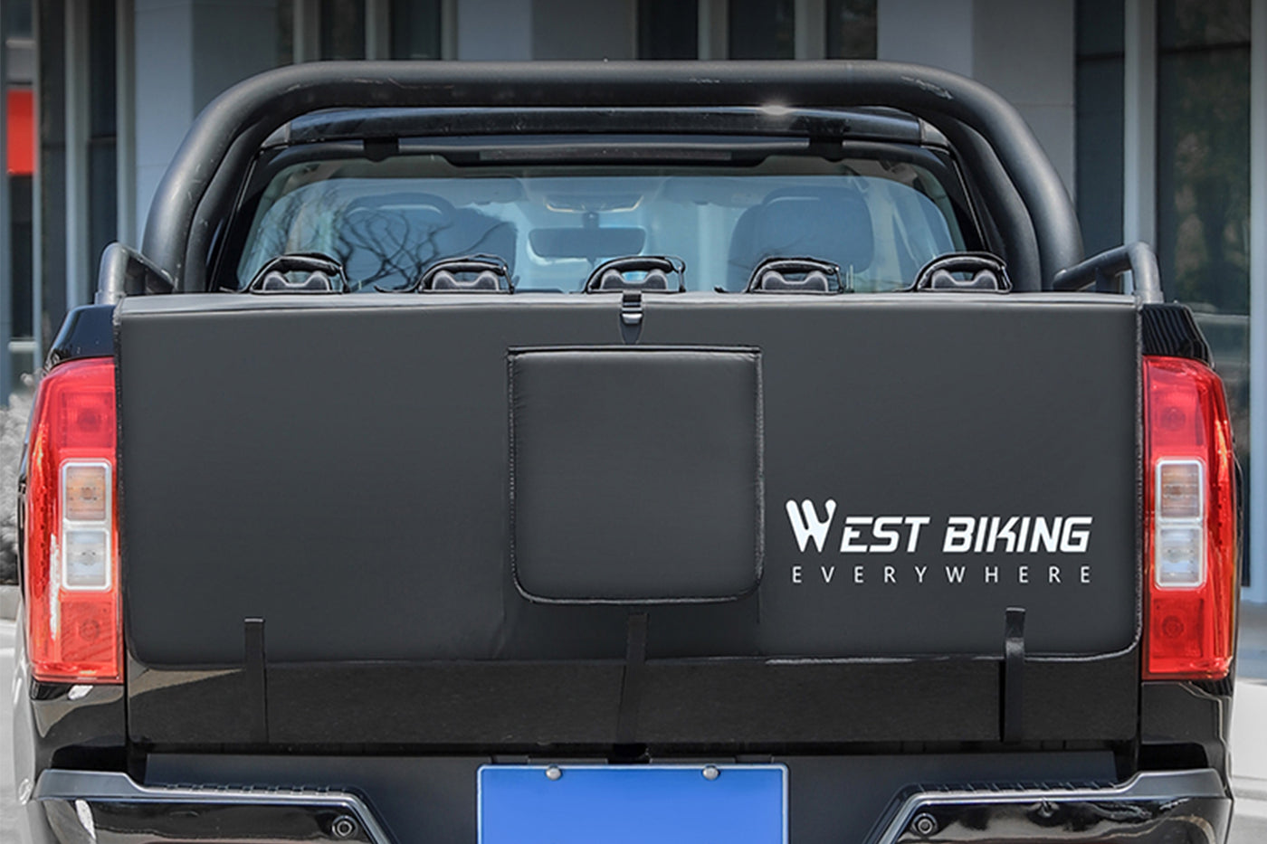 WestBiking tailgate ebike pad on a black pickup truck for bike transport.