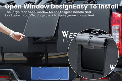 Open window design on WestBiking tailgate pad for easy access to truck handle.