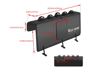 Dimensions of WestBiking tailgate ebike pad with bike securing slots for trucks.