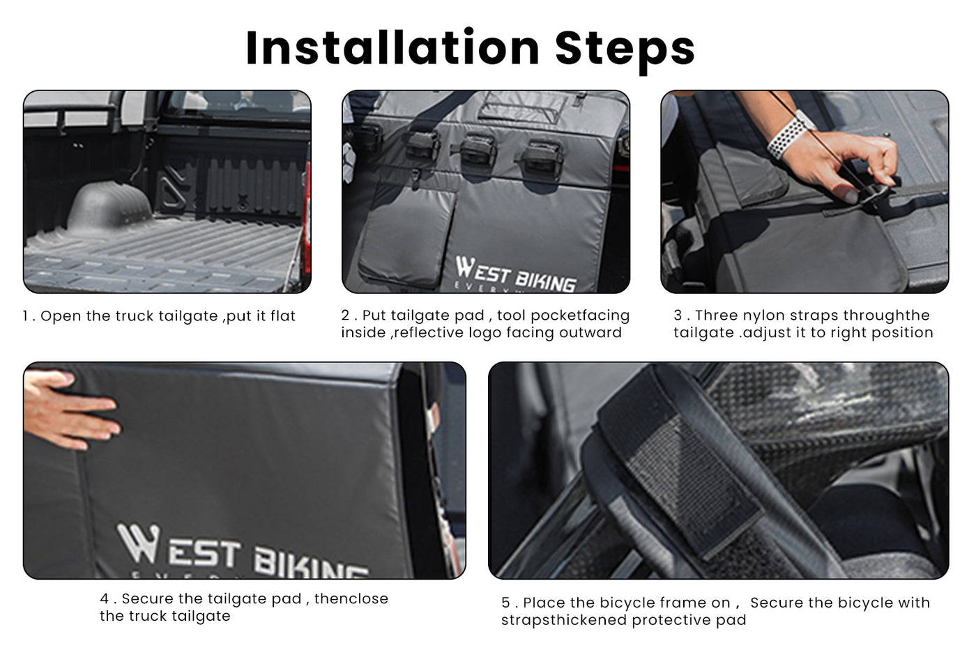 Installation steps for WestBiking tailgate ebike pad in a pickup truck.