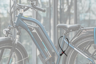 Zip tie helmet lock attached to blue Magicycle e-bike for secure storage.