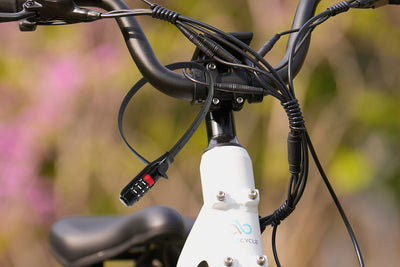 Zip tie helmet lock on Magicycle e-bike handlebar for secure storage.