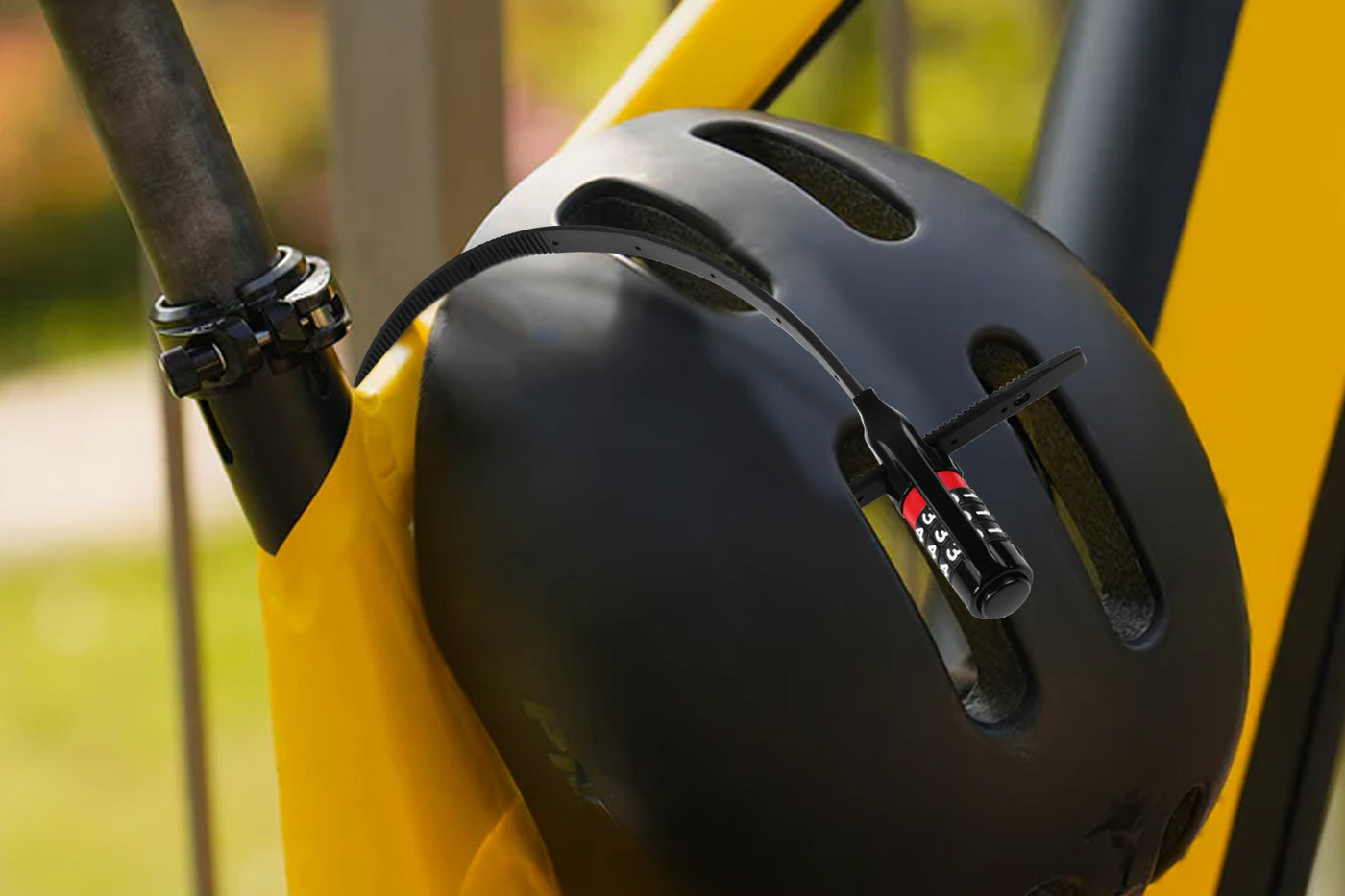 Secure your helmet with a durable zip tie lock featuring a 3-digit combo.